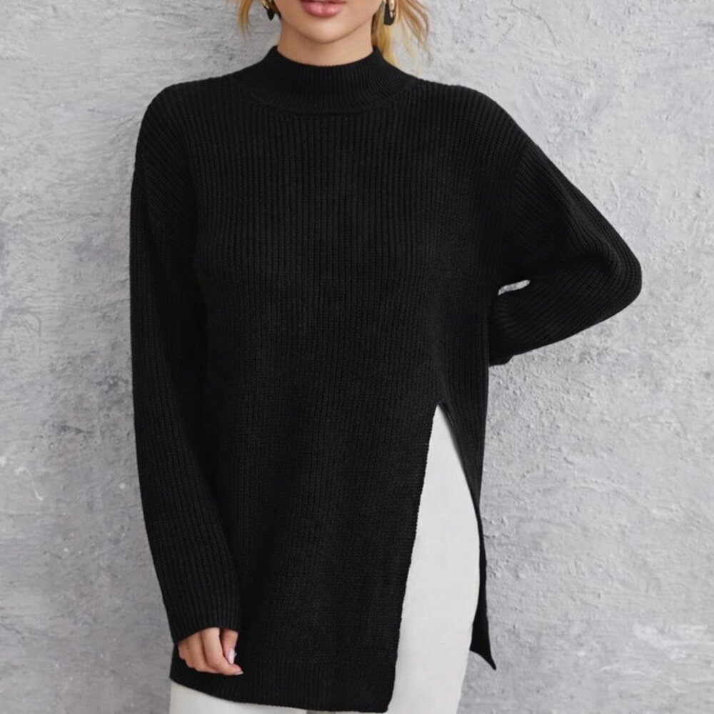 Unique Women’s Ribbed Mock Neck Knit Sweater with Side Slits Black